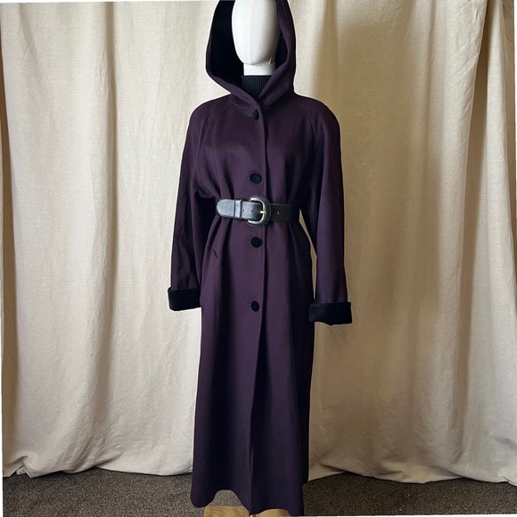 American Vintage Jackets & Blazers - Vintage MDP Mario De‎ Pinto Plum Purple Hooded Pure Wool Long Coat M 8/10
